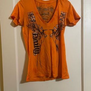 Redchapter orange graphic T-shirt.  V neck. Good condition. Size Medium.